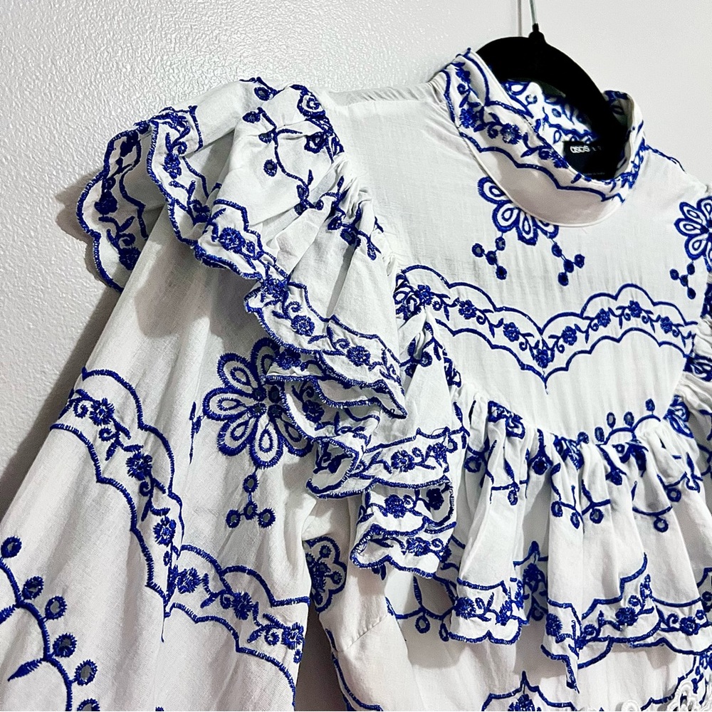 NWT ASOS Broderie Blouson Sleeve Midi Dress w/ Contrast Embroidery MSRP$260 - Picture 8 of 16